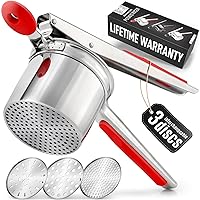 Zulay Kitchen Potato Ricer For Mashed Potatoes, Stainless Steel Potato Shredder, Heavy Duty Kitchen Tool Potato Press Masher With 3 Discs For Perfect Mashed Potatoes Every Time (Silver/Red) 15oz
