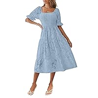 MEROKEETY Womens 2024 Summer Short Puff Sleeve Smocked Square Neck Floral Textured Tiered Midi Dress