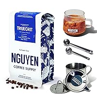 Truegrit Coffee and Vietnamese Coffee Starter Kit: Medium Roast Whole Coffee Beans, Vietnamese Grown [12 oz Bag, Stackable Glass Mug, Coffee Scoops, 4 oz Phin Filter]