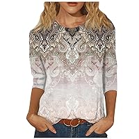 Summer Tops for Women, Womens Tops 3/4 Sleeve Summer Ethnic Floral Slim Tops Crewneck Slim Fit Tshirts Spring Blouse