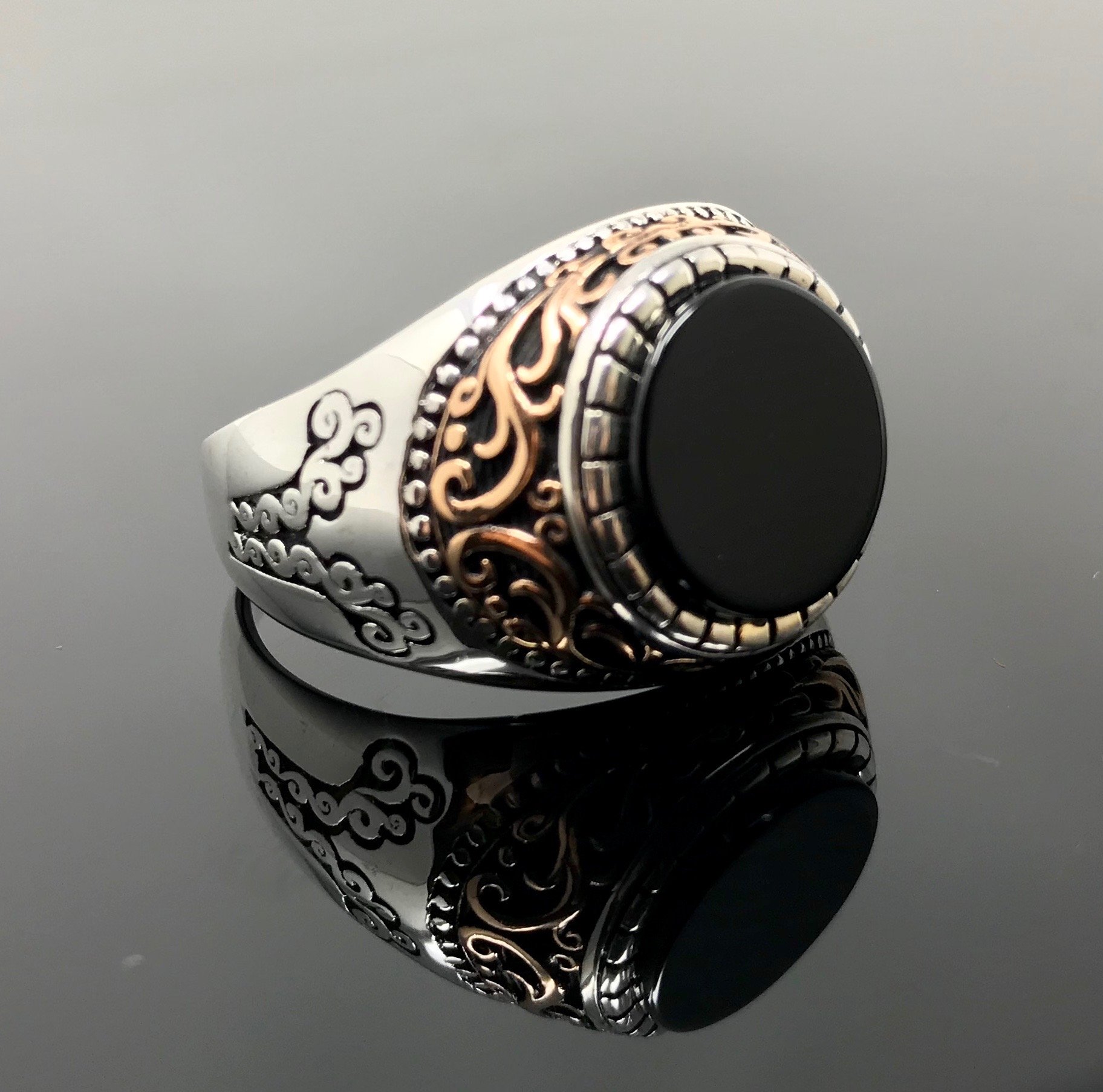 KAR 925K Stamped Sterling Silver Filigree Black Onyx Men's Ring K4B