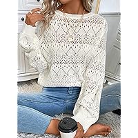 Women's Sweater Solid Pointelle Knit Sweater Sweater for Women (Color : White, Size : Large)