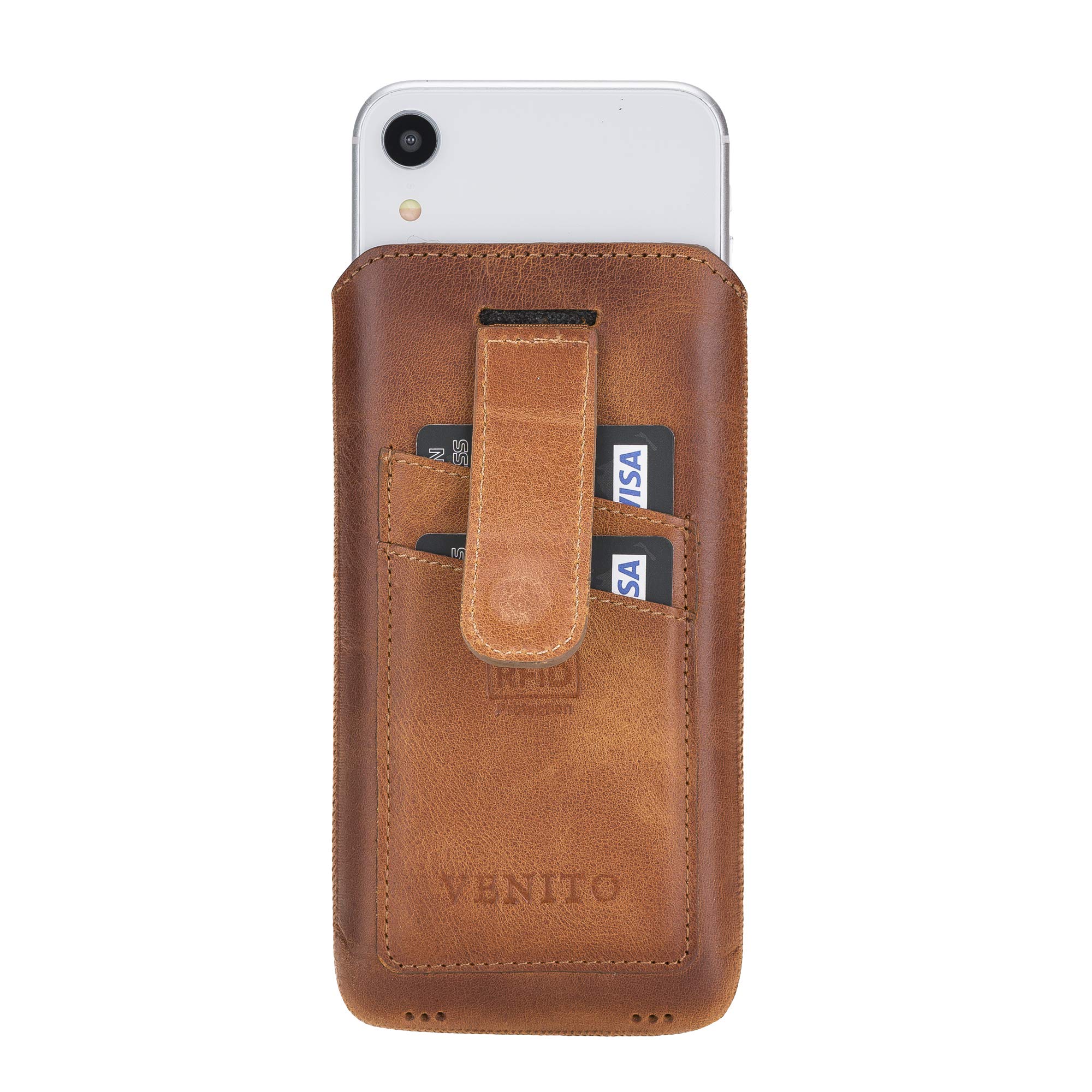 Venito Prato Universal Leather Pouch Case Compatible with iPhone 13 Pro, iPhone 13, iPhone 12, iPhone 12 Pro, iPhone XR and iPhone 11, Galaxy S20, Galaxy S21 - Antique Brown