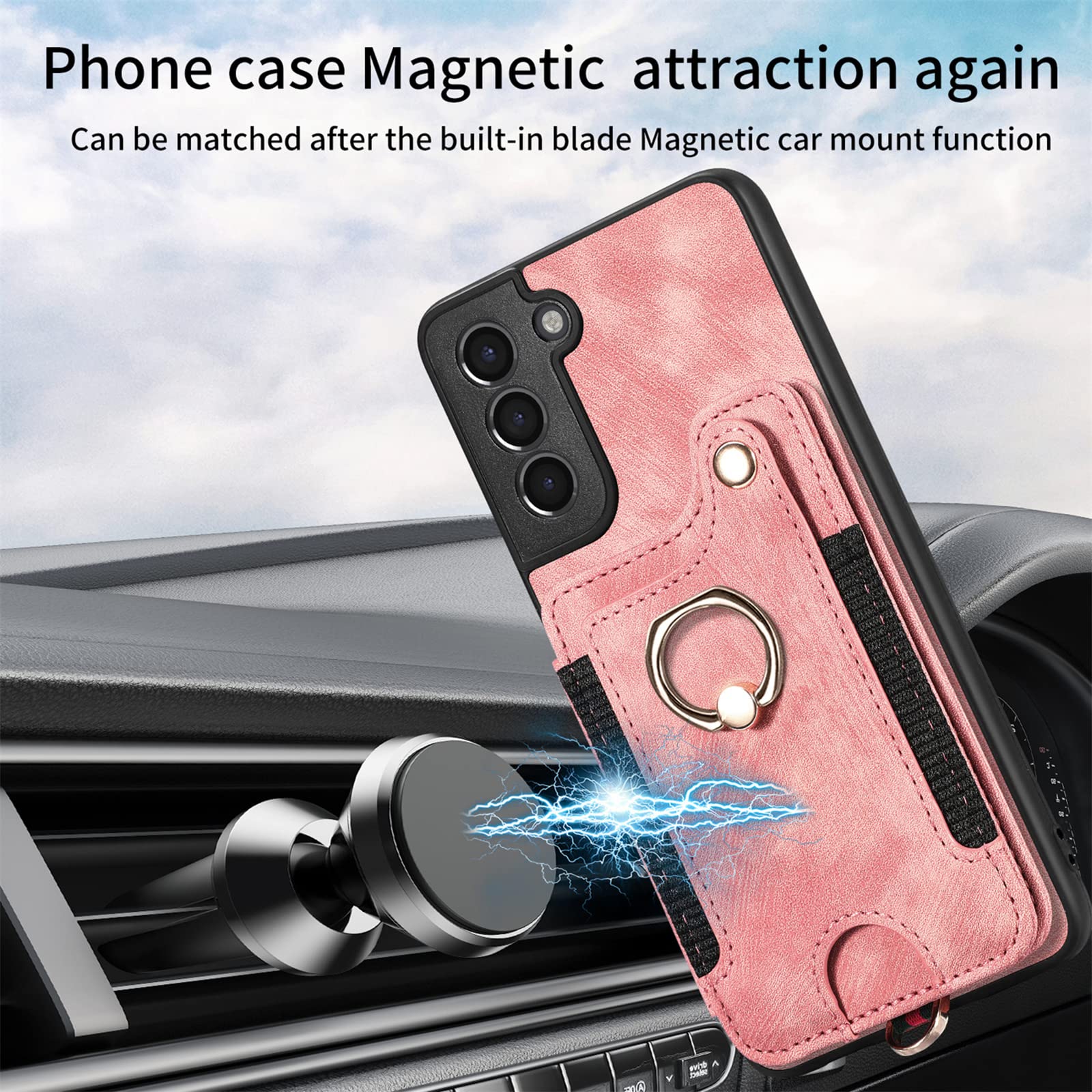 Phone Case for Samsung Galaxy S21 Plus S21+ 5G Wallet Cover with Screen Protector and Wrist Strap Lanyard RFID Card Holder Ring Stand Cell Accessories S21+5G S21plus 21S + S 21 21+ G5 Women Men Pink