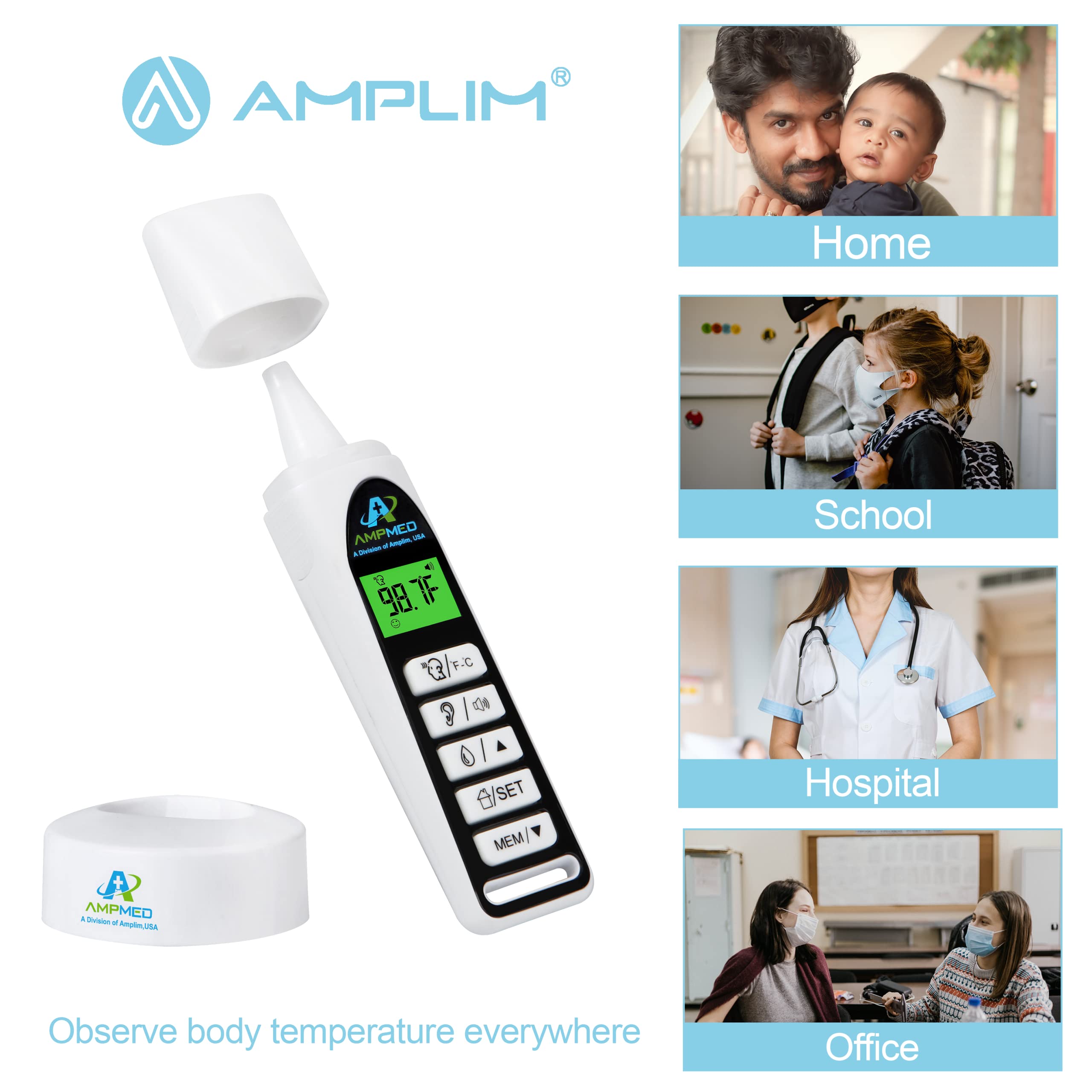 Amplim CA1 and F1 Infrared Thermometer Bundle - Non Contact Digital Forehead Thermometer for Adults, Kids, Baby Head Fever. Contactless, Touchless, No Touch, Instant Read IR Temporal/Ear Temperature