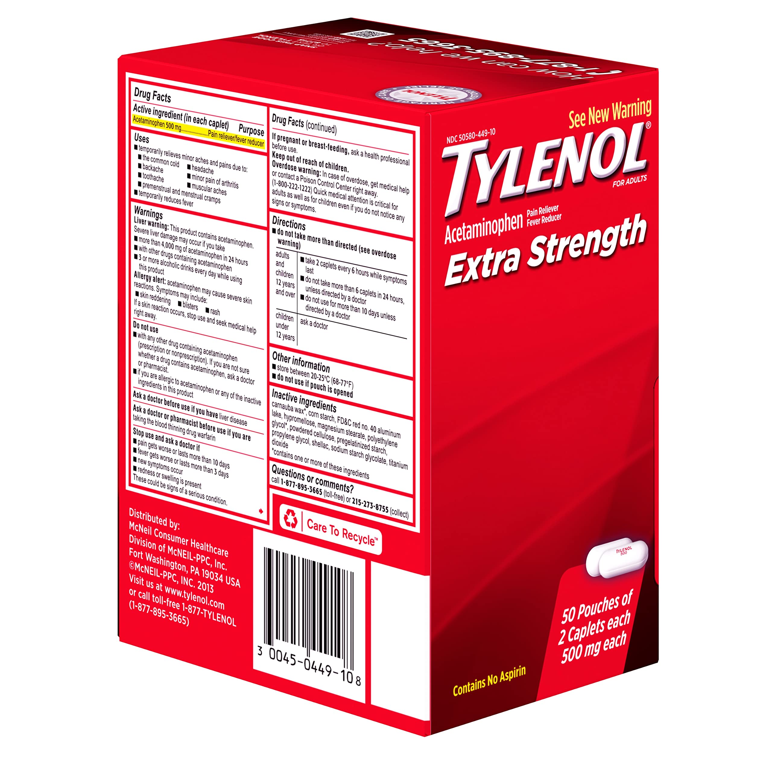 Tylenol Extra Strength Pain Relief Caplets with 500mg Acetaminophen, Pain Reliever & Fever Reducer Medicine for Headache, Backache & Menstrual Pain Relief, 50 pkts of 2 caplets Each, 100 ct