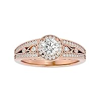 Certified 14K Gold Ring in Round Cut Moissanite Diamond (0.66 ct) Round Cut Natural Diamond (0.28 ct) With White/Yellow/Rose Gold Engagement Ring For Women