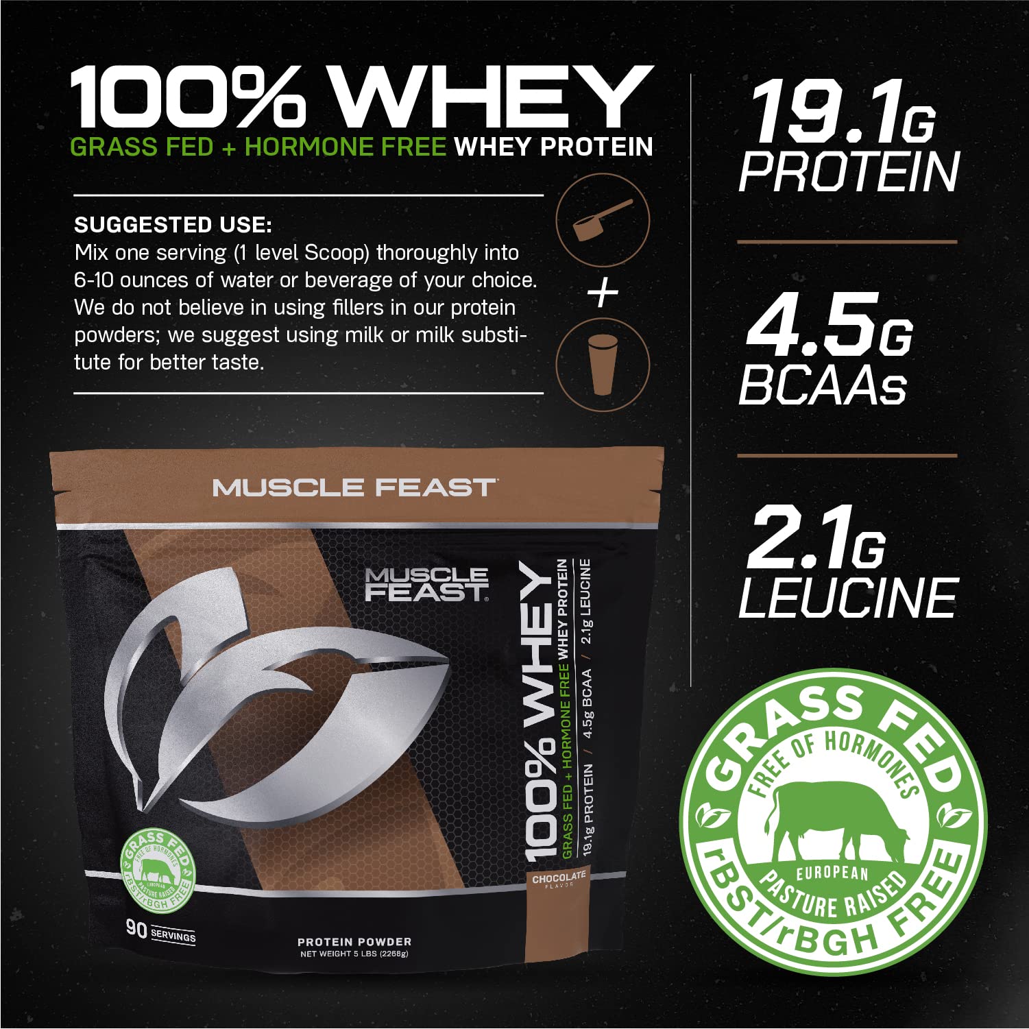 Muscle Feast 100% Grass-Fed Whey Protein, Pastured Raised Hormone Free All Natural, Chocolate, 5lb