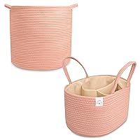 Natemia Large Rope Storage Basket and Cotton Rope Diaper Caddy - Nursery Bin and Toy Organizer Laundry Basket, Basket for Towels, Pillows and Blankets, Perfect Baby Registry Gift - Misty Rose