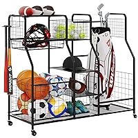 Golf Bag Storage Rack - Fits 2 Golf Bags, Garage Sports Equipment Organizer with Baskets, Garage Organizers and Storage with Hooks, Movable Ball Storage Cart with Wheel for Garage, Gym, Shed, Outdoor