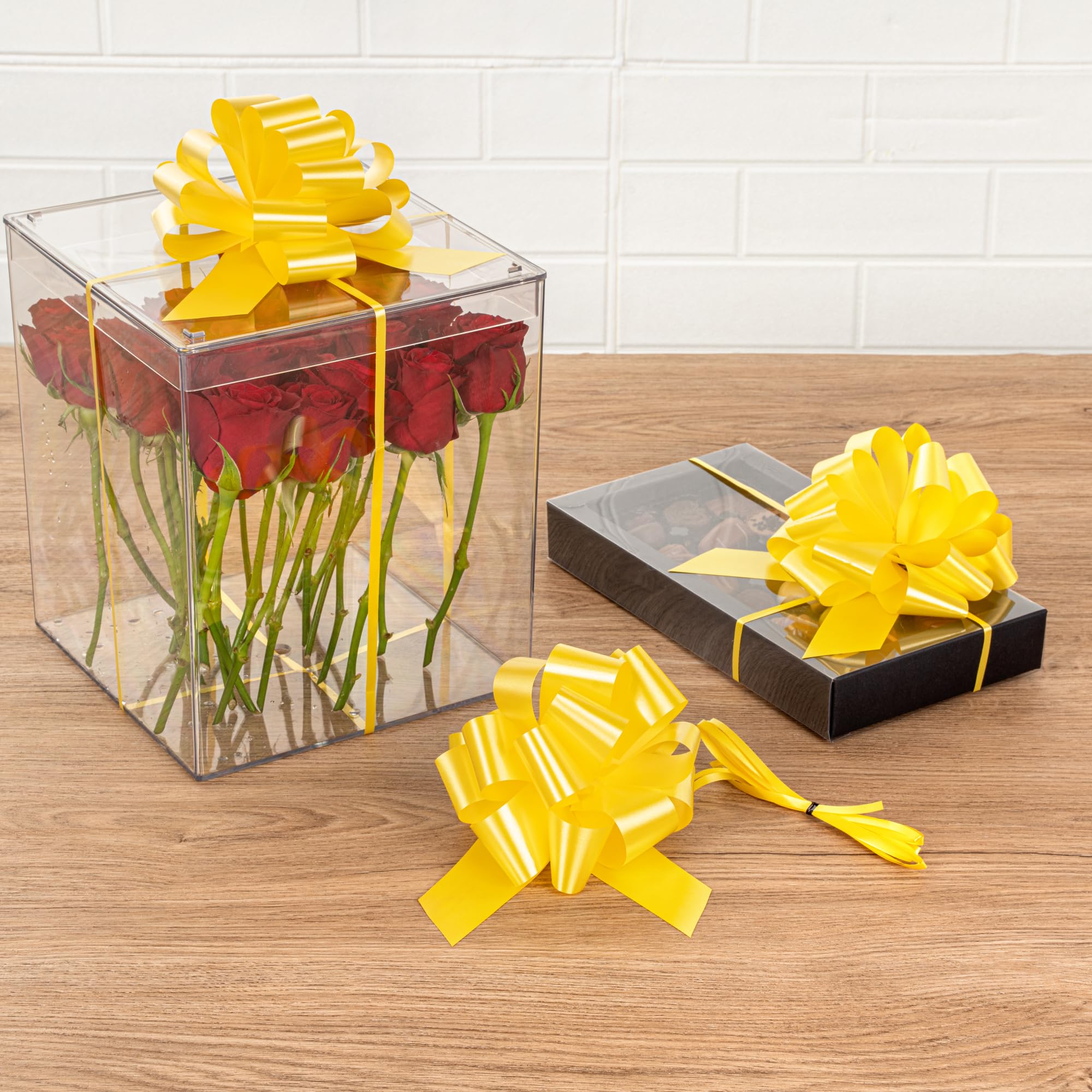 Gift Tek 5.5 Inch Ribbon Pull Bows, 10 Satin Pull Bows - 20 Loops, Instant, Yellow Plastic Flower Bows For Gifts, Large, Instant Bows, For Wedding Gift Baskets, Wraps - Restaurantware