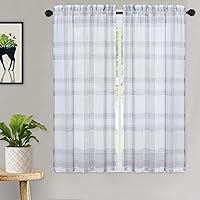 CAROMIO 45 Inch Length Kitchen Curtains, Cafe Curtain Tiers for Windows Buffalo Plaid Linen Look Curtains Semi Sheer Curtains for Kitchen Bathroom Window Curtain, Grey, 2 Panels