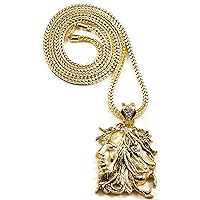 Lion Necklace Gold Color Pendant with 36 Inch Franco Necklace Rasta