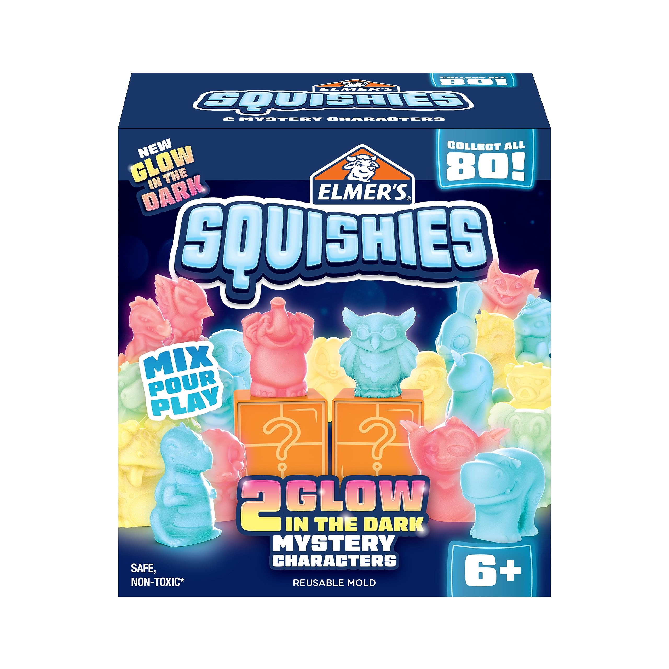 Elmer's Squishies Kids’ Activity Kit, DIY Glow in The Dark Squishy Toy Kit Creates 2 Mystery Characters, 13 Piece Kit