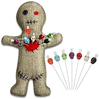 8 Pcs Halloween Voodoo Doll Set Include Horror Doll, 7 Pcs Skull Pins Cute Ghost Doll Soft Revenge Dammit Creepy Dolls Pin Holder Voodoo Toys Resin Metal Straight Pins Stress Relieving (Flaxen,Linen)