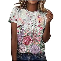 Women's Boho Flower T Shirt Vintage Flowers Printed Shirts Colorful Wildflower Graphic Tee Casual Short Sleeve Blouses