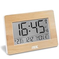 ADE Large Digital Radio-Controlled Clock with XXL Numbers, Table Clock and Radio-Controlled Alarm Clock with Calendar Function, with Temperature Display, Housing with Real Bamboo, with Batteries