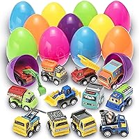 PREXTEX Toy Filled Easter Eggs with Pull-Back Construction & Engineering Vehicles (12 pack) – Plastic Easter Eggs with Toys Inside, Large Easter Eggs Birthday Party Favors - Easter Toys