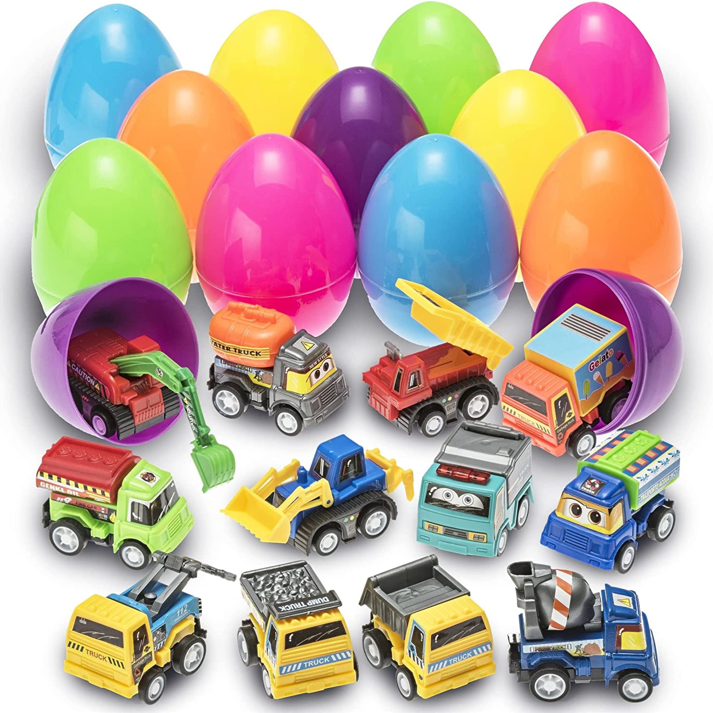 PREXTEX Toy Filled Easter Eggs with Pull-Back Construction & Engineering Vehicles (12 pack) – Easter Eggs with Toys Inside, Birthday Party Favors for Boys and Girls Over 3