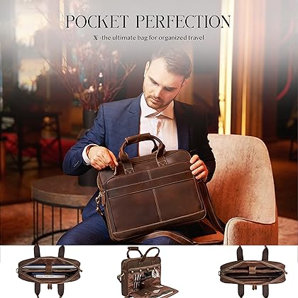 Luxorro Full Grain Leather Briefcase for Men, Top Choice Gifts for Men, Handcrafted Leather Laptop Bag with Multiple Compartments and Brass Hardware, Fits 15.6 Inch Laptop