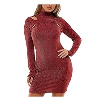 Womens Red Stretch Cut Out Ribbed Long Sleeve Mock Neck Short Party Body Con Dress Juniors M