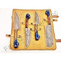 Custom Hand Made Damascus Steel Kitchen Knives Set/Chef Knives Set/BBQ Knife 4-Pieces Set FBK-01041, 01043, 01052, 01055, 01058, 01062 and 01063 (Cognac and Blue Colored Wood)