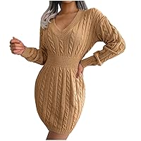 Cable Knit Strechy Waist-Defined Pencil Dress Women V Neck Long Sleeves Sexy Slim Mini Dress Fashion Fall Sweaters