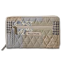 Bella Taylor Wrist Strap Wallet for Women | Multi Card Zip Around Wallet with RFID Protection and Wristlet Strap | Quilted Cotton Khaki Patchwork
