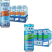 NOCCO BCAA Energy Drink 24 Pack Juicy Breeze & Melon Blast - 12 Count (Pack of 24) - 180-200mg of Caffeine Sugar Free Energy Drinks - Carbonated, BCAAs, Vitamin B6, B12, & Biotin - Performance Drink