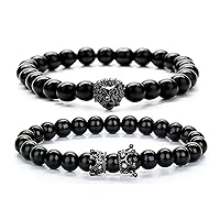 Beads Bracelet Set for Men with Black Onxy Crown Tiger Head Charm Handmade Jewelry