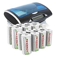 Tenergy Centura High Capacity Rechargeable Batteries 16 Pack C and D Rechargeable Batteries and Charger, 8xC 8xD and T9688 Smart Universal Battery Charger