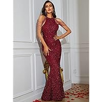 Summer Dresses for Women 2022 Rhinestone Chain Sleeve Halter Sequin Dress (Color : Burgundy, Size : X-Small)