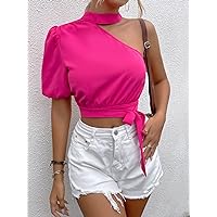 Asymmetrical Neck Puff Sleeve Knot Side Crop Blouse (Color : Hot Pink, Size : X-Small)