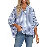 Vrtige Women's Casual Stripe Button Down Collar V Neck Half Sleeve Loose Blouse Shirt Top