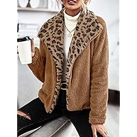 Women's Jacket Leopard Pattern Waterfall Collar Open Front Teddy Jacket Jackets Fashion (Color : Camel, Size : Medium)