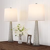 Lavish Home Table Lamps - Set of 2 Contemporary Hammered Glass Lights for Bedroom, Living Room, and Office with Energy-Efficient LED Bulbs (Silver)