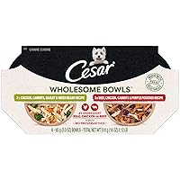 CESAR WHOLESOME BOWLS Adult Soft Wet Dog Food, Chicken, Carrots, Barley & Green Beans Recipe and Beef, Chicken, Purple Potatoes & Carrots Recipe Variety Pack, 3oz., Pack of 6