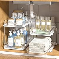 Delamu 2 Sets of 2-Tier Multi-Purpose Bathroom Under Sink Organizers and Storage, Stackable Kitchen Pantry Organization, Pull Out Medicine Cabinet Organizer with 8 Movable Dividers
