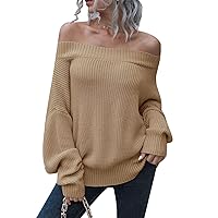 Flygo Women's Off Shoulder Cable Knit Sweater Long Puff Batwing Sleeve Oversized Pullover Sweater