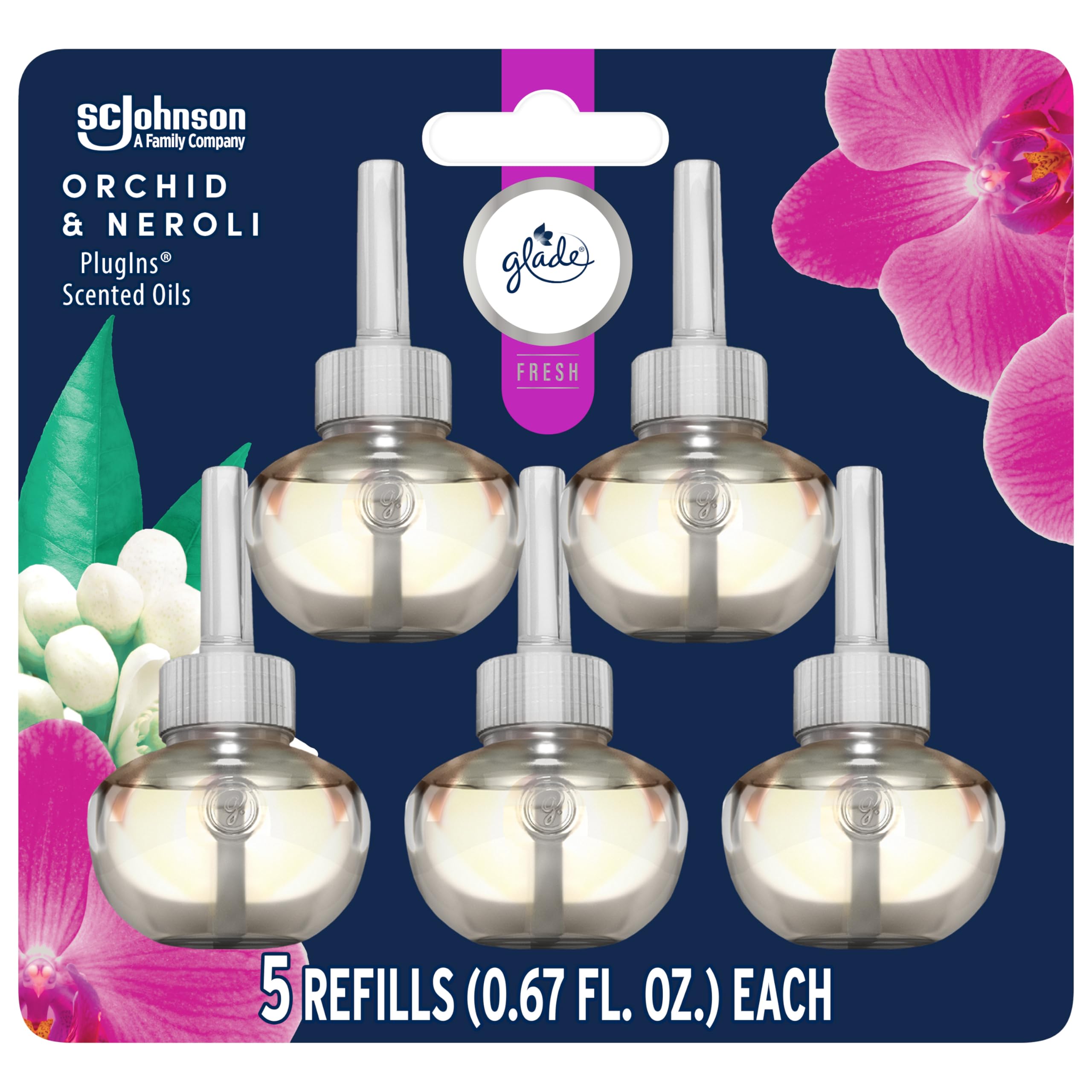 Glade PlugIns Refills Air Freshener, Scented and Essential Oils for Home and Bathroom, Orchid & Neroli, Fresh Collection 3.35 Fl Oz, 5 Count