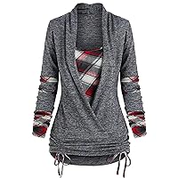 Dresswel Dressy Plaid Tops for Women Long Sleeve Plaid Shirt Fall Wrap Tops with Side Ruched Drawstring Vintage Blouse