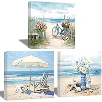 QIXIANG Beach Bathroom Decor Wall Art 3 Pieces Daisy Picture Prints on Canvas Blue Seascape Theme Picture for Bedroom Home Decor (8.00