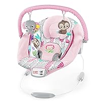 Bright Starts Comfy Baby Bouncer Soothing Vibrations Infant Seat - Taggies, Music, Removable -Toy Bar, 0-6 Months Up to 20 lbs (Rosy Vines)