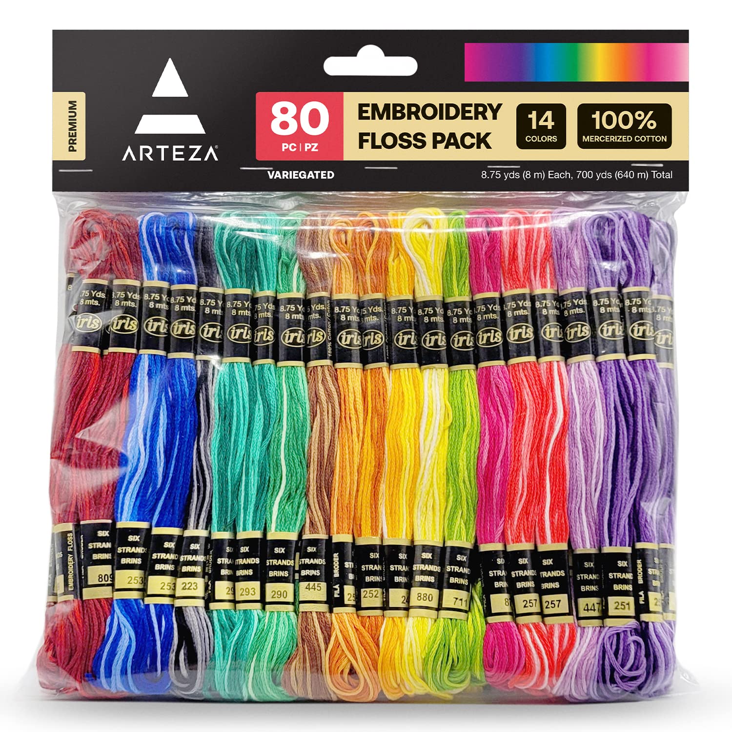 Arteza Embroidery Thread Pack – 80 Skeins of Embroidery Floss in 14 Variegated Colors – 100% Mercerized Cotton Friendship Bracelet String – Cross Stitch Supplies, 700 Yards per Pack