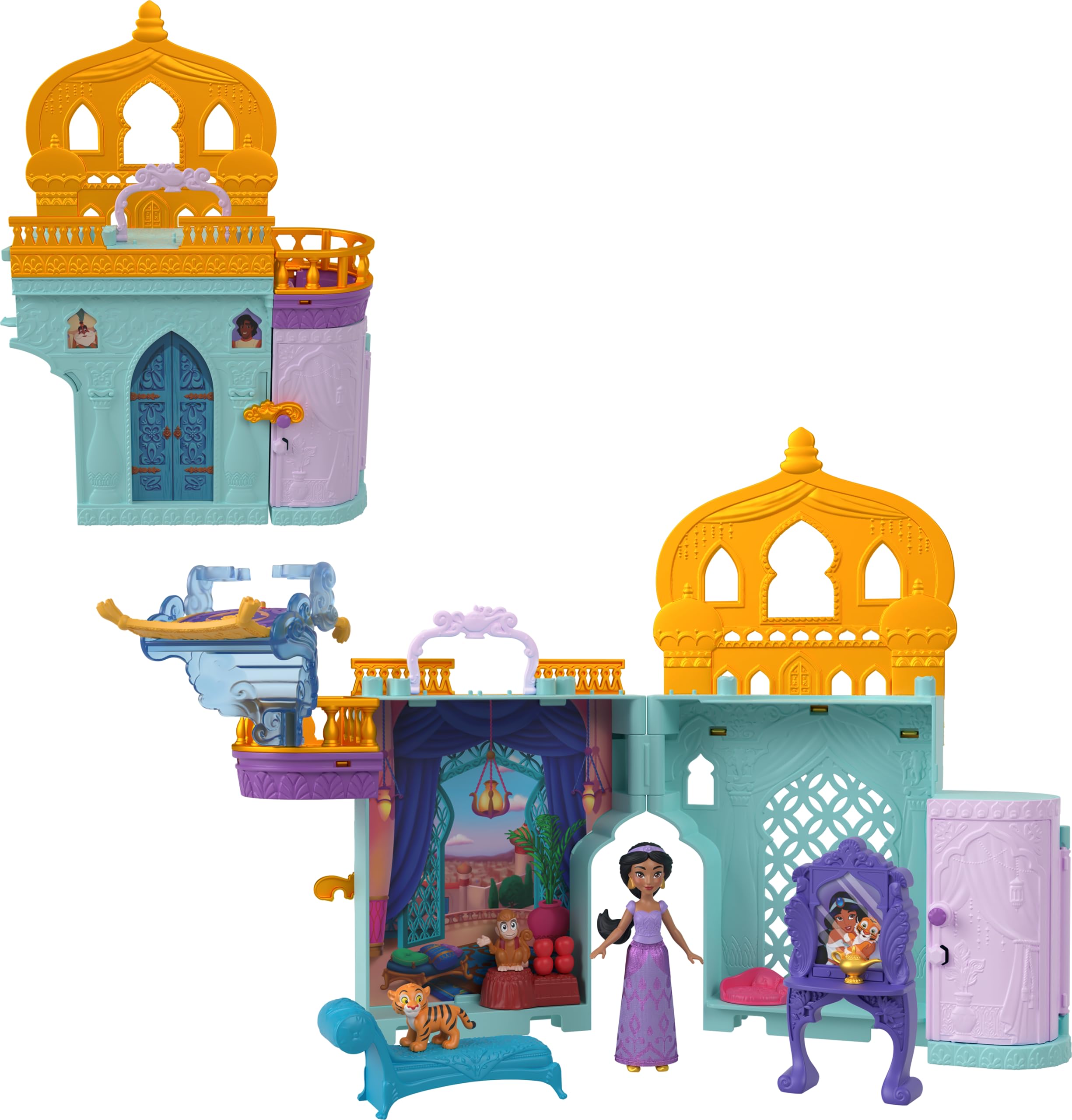 Mattel Disney Princess Toys, Jasmine Stackable Castle Doll House Playset with Small Doll, 2 Friends and 7 Pieces, Inspired by The Disney Movie, Kids Travel Toys and Gifts