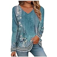 Birthday Gifts for Women,Tops for Women Long Sleeve V Neck Retro Printed Loose Fit Tunic T Shirts 2024 Summer Fashion Cute Tee Blouse Cute Tops