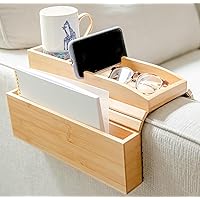 Bamboo Couch Cup Holder with Side Storage Pocket & Phone Holder - Non-Slip Sofa Armrest Tray Table for Drinks, Cellphone, Remote Control, Snacks - Multifunctional Couch Arm Tray Organizer Caddy