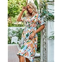 Women's Dress Allover Print Puff Sleeve Ruched Dress Dress for Women (Size : X-Small)