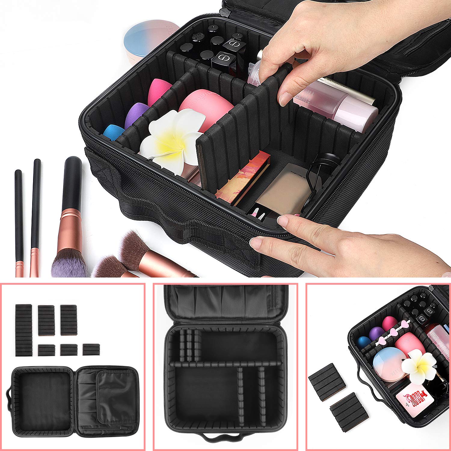 Makeup Travel Case, Makeup Case with DIY Adjustable Divider Cosmetic Train Bag 10.3
