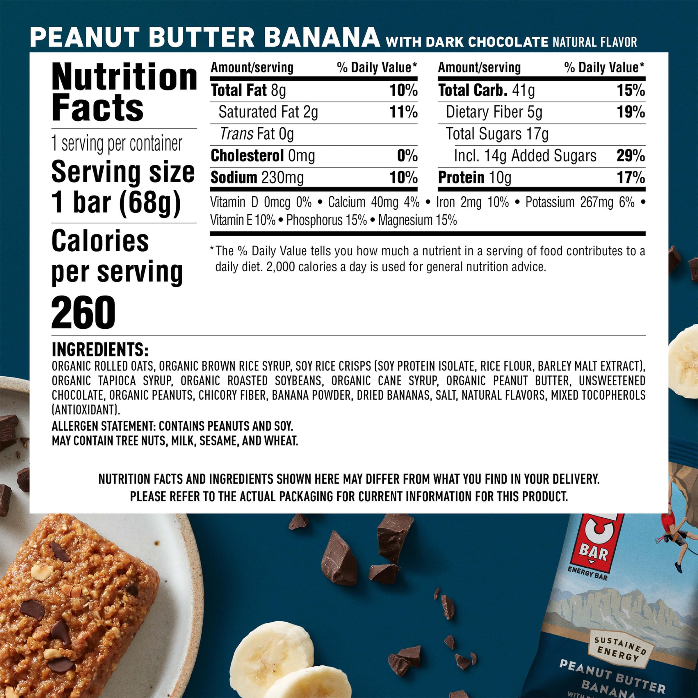 CLIF BAR - Peanut Butter Banana with Dark Chocolate Flavor - Made with Organic Oats - Non-GMO - Plant Based - Energy Bars - 2.4 oz.